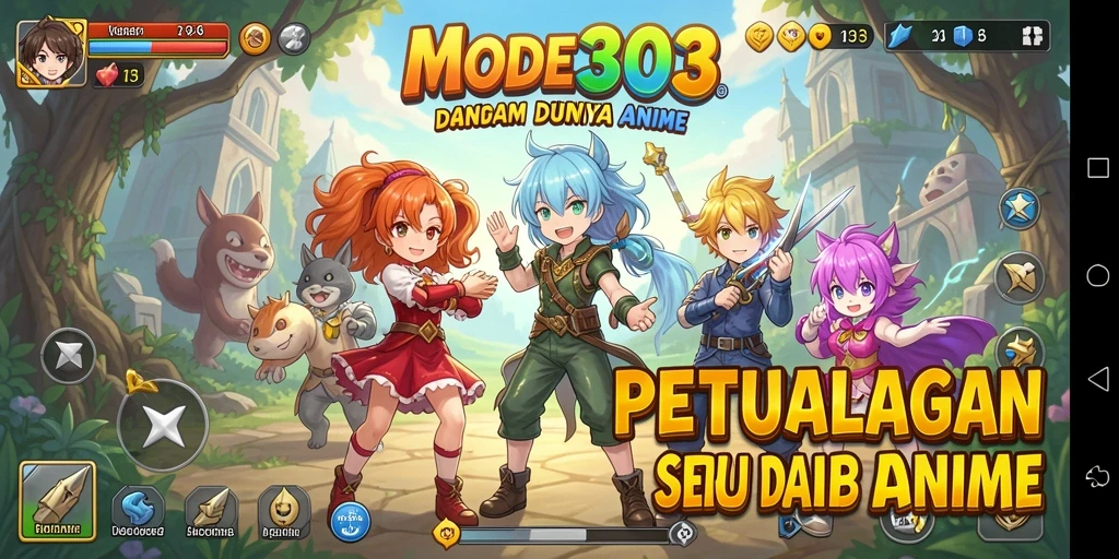 Tangkapan layar utama MODE303 menampilkan karakter anime dalam aksi seru.