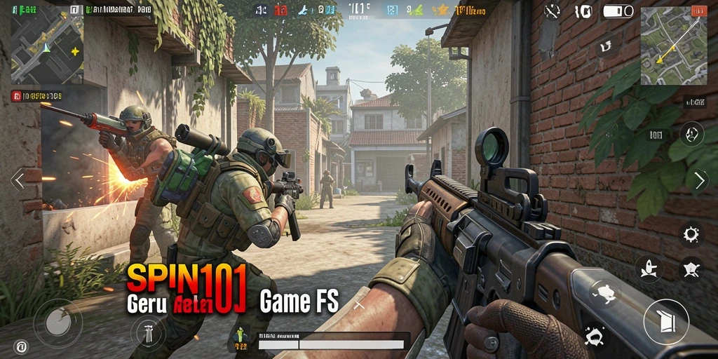 Tampilan gameplay intens SPIN101 dalam pertempuran FPS.